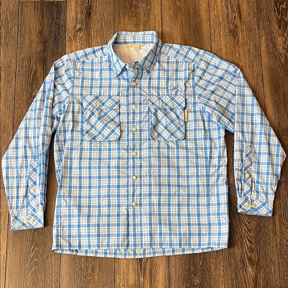 Exofficio Blue White Plaid Button Down Shirt Mens Size Large